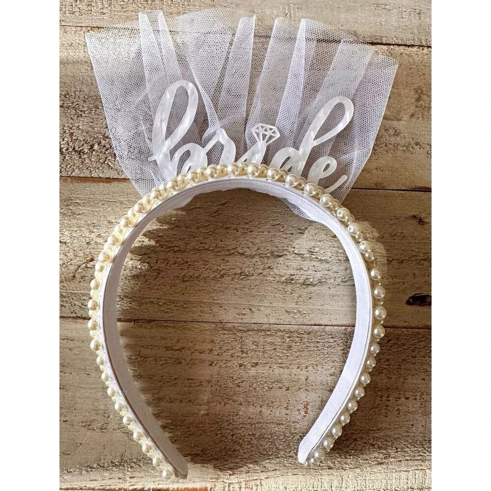 White Pearl Embellished Bridal Headband w/ Tulle Bride Decoration
